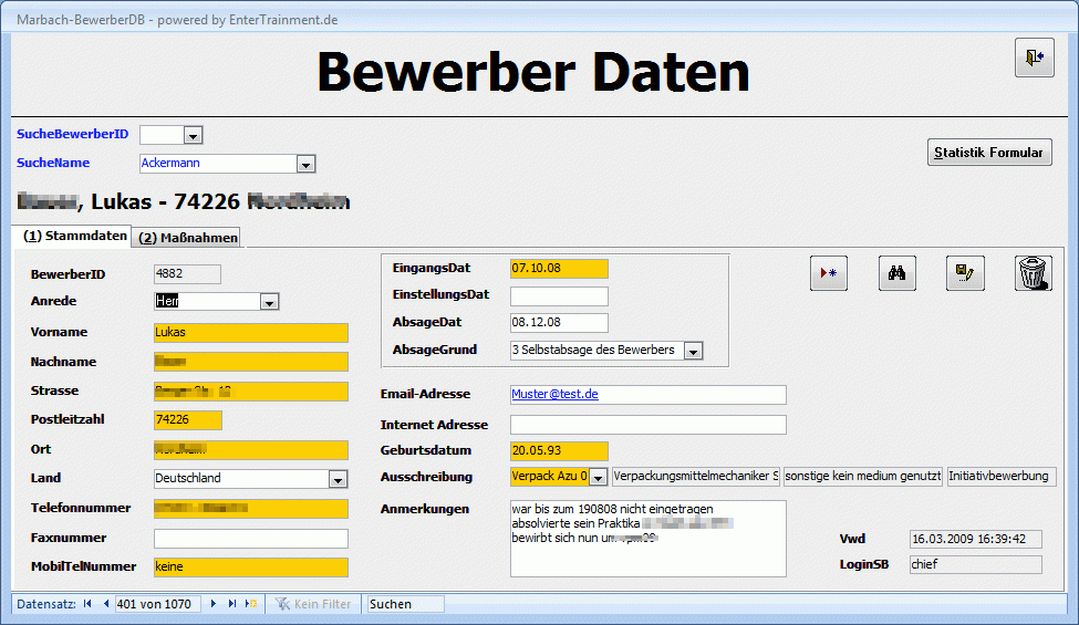 Bewerbermanagement Programm Stammdaten
